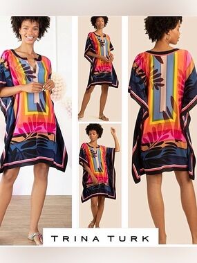Trina Turk 100% Silk Caftan Dress Rainbow Tropical Print Resort Tunic XS/S
